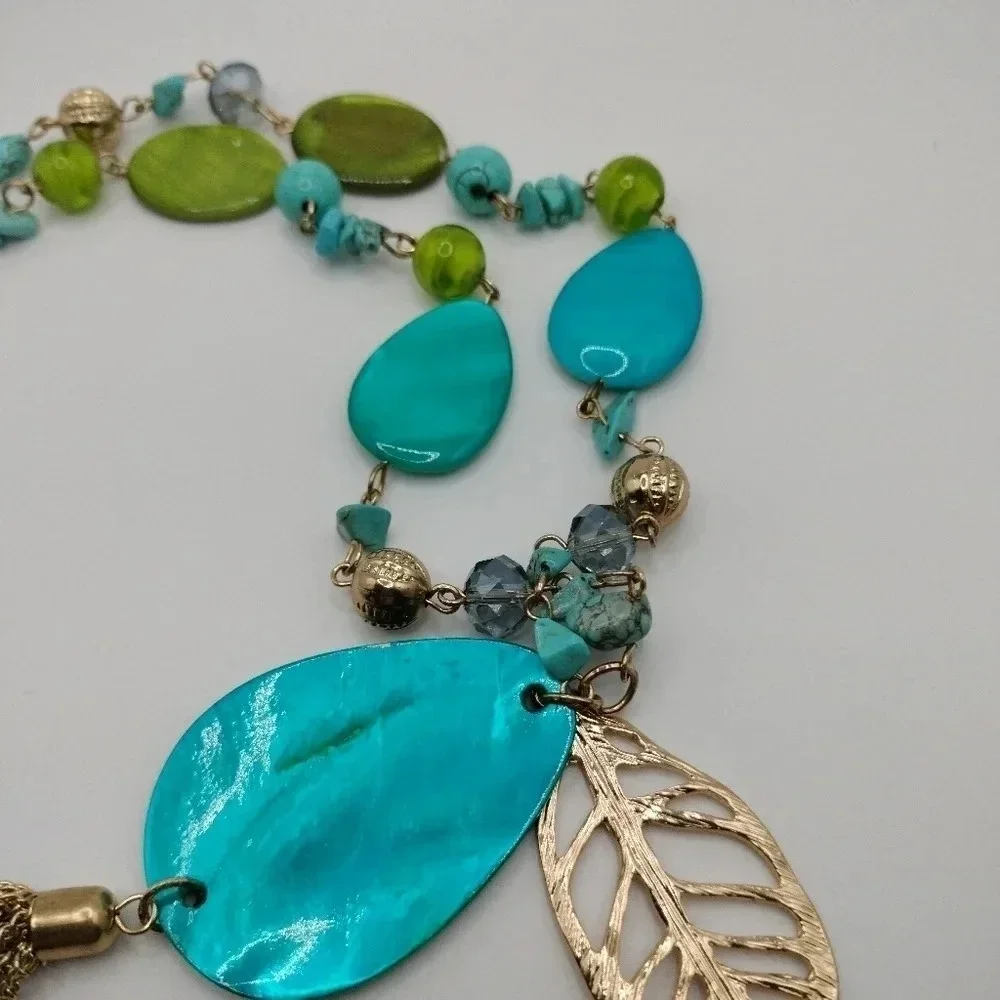 Jules Gold Tone Statement Tassel Necklace Blue and Green Opera Length